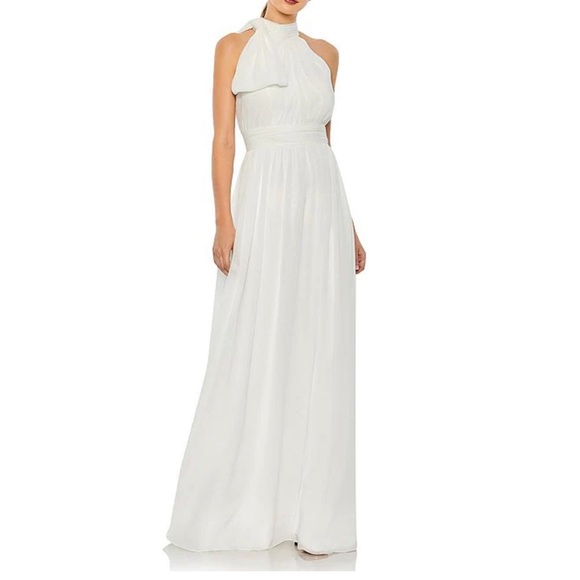 Mac Duggal Dresses & Skirts - NWT Ieena for MacDuggal White High Neck Halter Gathered Bow Chiffon Maxi Gown